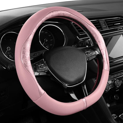 PIC AUTO Steering Wheel Cover, Pink Patterned Leather Patchwork Design, Universal Fit 14.5"–15.5" D-Shape Steering Cover, Soft PU Grain Leather, Durable Grip Car Accessory for Girls & Women