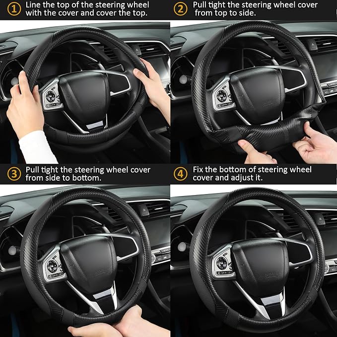 West Llama Carbon Fiber Car Steering Wheel Cover for Honda,Anti-Slip, Full Surround Breathable Leather Auto Protector(Black only)