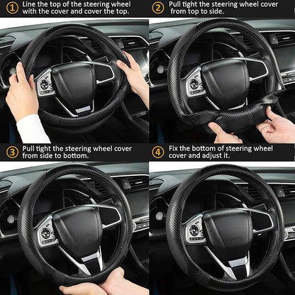 West Llama Carbon Fiber Car Steering Wheel Cover for Honda,Anti-Slip, Full Surround Breathable Leather Auto Protector(Black only)