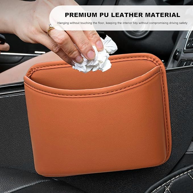 Car Trash Can, Clip On Garbage Organizer Multifunctional Car Door Hanging Container, Waterproof Leather Trash Bin Universal Interior Storage Box for Vehicle Home Office (Orange)