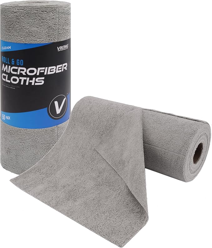 VIKING Microfiber Cleaning Cloth Roll, Reusable and Tear Away Microfiber Towels for House, Home, Garage, Car Cleaning Kit and Car Detailing Kit, 50 Pack, Grey, 12 inch x 12 inch