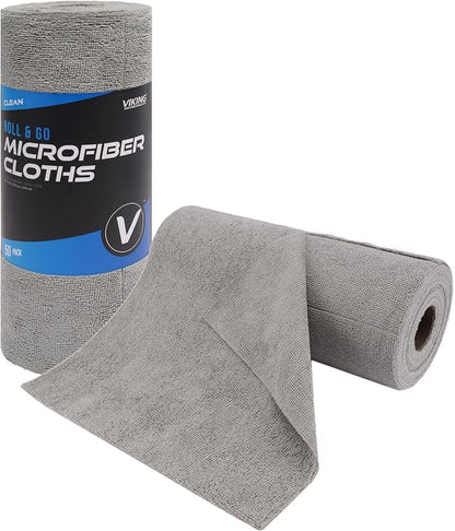 VIKING Microfiber Cleaning Cloth Roll, Reusable and Tear Away Microfiber Towels for House, Home, Garage, Car Cleaning Kit and Car Detailing Kit, 50 Pack, Grey, 12 inch x 12 inch