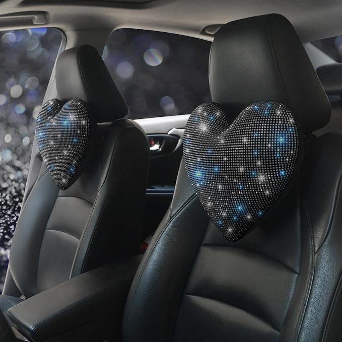 Car Headrest Neck Pillows Rhinestone Automobile Headrest Cover Car Headrest Neck Pillow for Driving with Bling Bling Crystal Car Accessories for Women, Girls and Ladies Black 2 Pieces