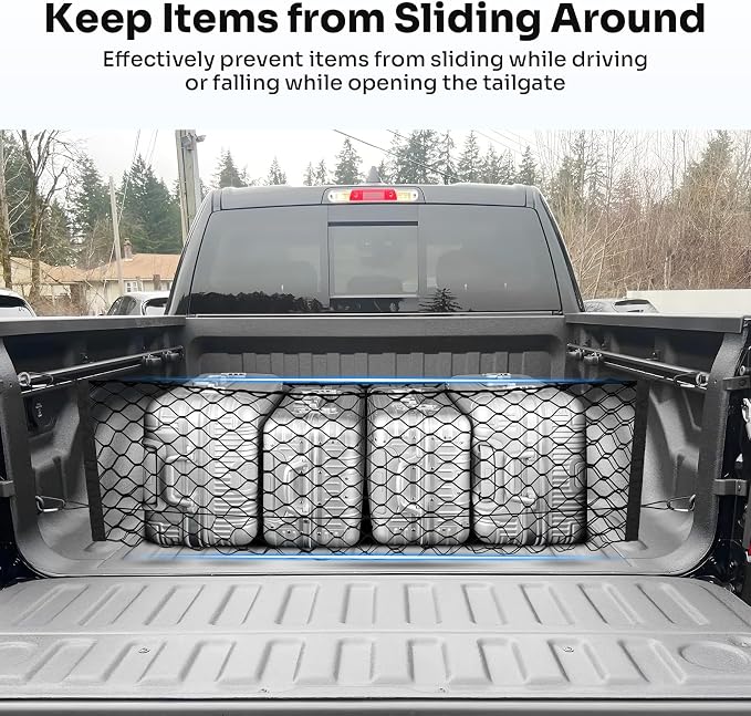 Canvcle Truck Bed Cargo Net for 2019-2025 2026 Dodge Ram 1500 Accessories Envelope Style Mesh Trunk Net Organizer and Storage Stretchable Adjustable Elastic Nylon Rear Cargo Netting with Hooks
