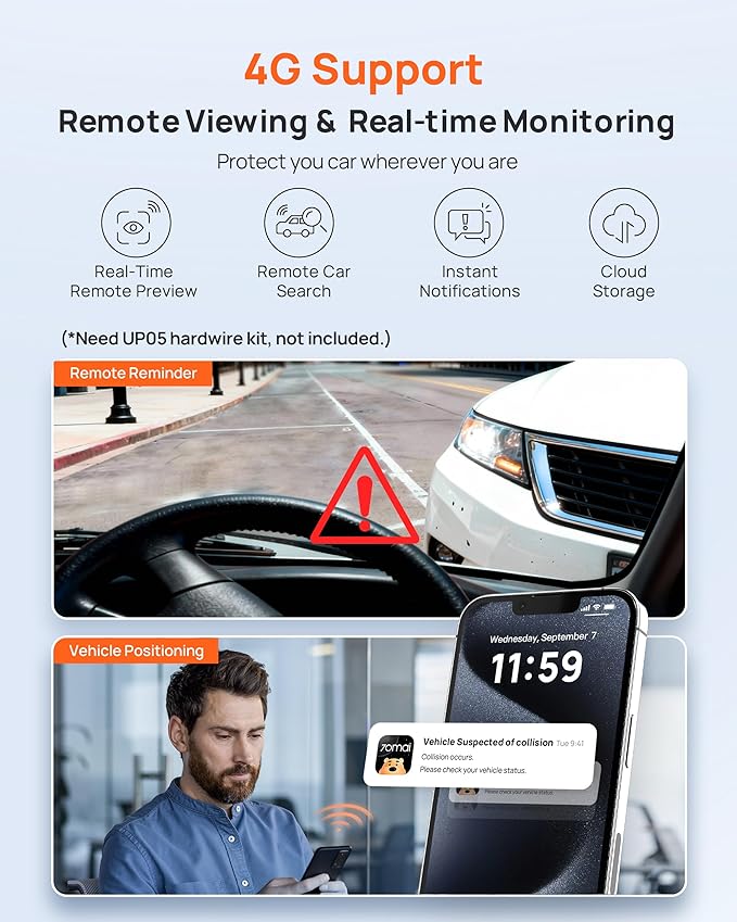 70mai Dash Cam Front and Rear A510,1944P+1080P with STARVIS 2 IMX675 and 64GB Card, Dash Camera for Cars, 4G LTE Support, ADAS, Built-in GPS WiFi, APP Control, HDR, 24H Parking Mode, Loop Recording