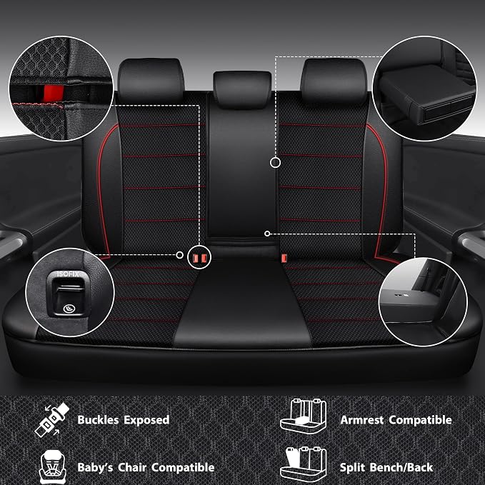 CAR PASS Mesh Leather Car Seat Covers Full Set,Breathable Mesh Faux Leather Seat Covers for Car, Universal Fit for SUV Truck Sedan Automotive, Airbag Compatible, Black and Red