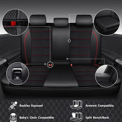 CAR PASS Mesh Leather Car Seat Covers Full Set,Breathable Mesh Faux Leather Seat Covers for Car, Universal Fit for SUV Truck Sedan Automotive, Airbag Compatible, Black and Red