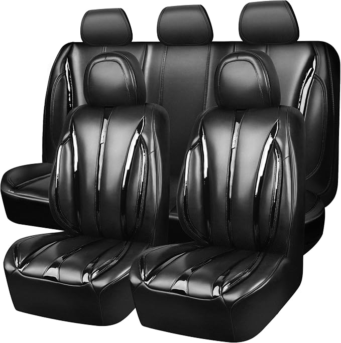 CAR PASS Ultra+ Nappa Patent Leather Car Seat Covers Full Set Universal Cushioned,Soft Breathable Waterproof Anti-Slip Driver Seats Backrest for SUV Pick-up Truck Sedan,5 Seats Aether Lustre All Black