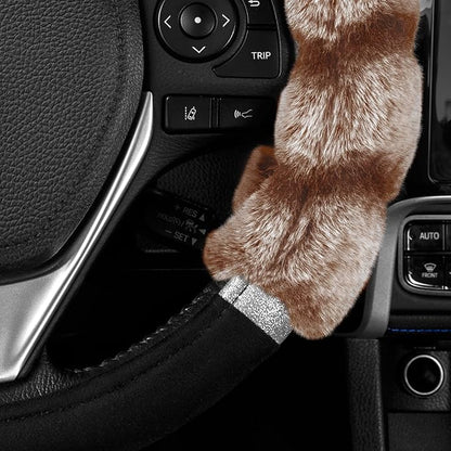 BDK Bear Fur Steering Wheel Cover, Plush Faux Fur Fuzzy Steering Cover for Car Truck Van SUV, Standard Size Fits Wheels 14.5-15 in Diameter, Two Tone Black/Brown with Glitter