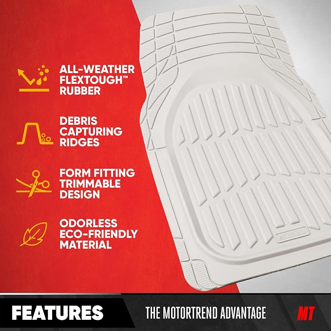 Motor Trend FlexTough LITE Rubber Car Mats Full Set - All Weather White Floor Mats for Trucks, Cars & SUVs - Automotive White Car Floor Mats for Cars Interior Accessories Universal Trim-to-Fit