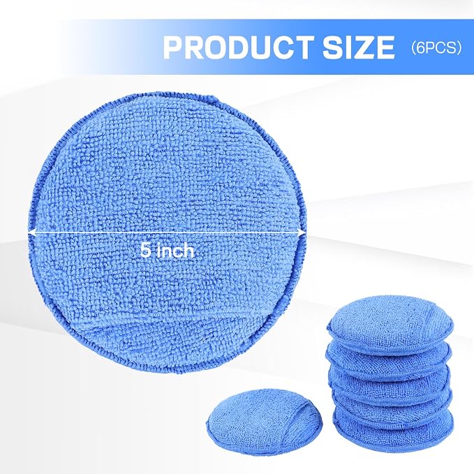 Hovom 6PCS Microfiber Wax Applicator, 5" Round Applicator Pads, Soft Automotive Waxing Foam Pads, Buffing Pads for Car Cleaning, Polishing and Detailing, Reusable Car Wash Sponge (Blue)