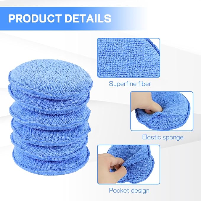 Hovom 6PCS Microfiber Wax Applicator, 5" Round Applicator Pads, Soft Automotive Waxing Foam Pads, Buffing Pads for Car Cleaning, Polishing and Detailing, Reusable Car Wash Sponge (Blue)