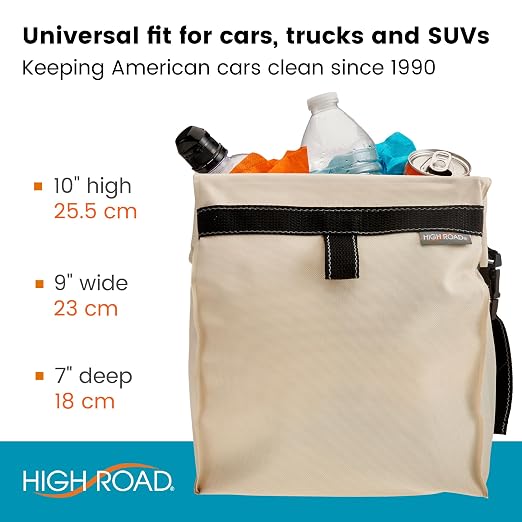 High Road TrashStash Hanging Car Garbage Bag with Push-Close Lid and Waterproof Bin for Cars, SUVs and Trucks - Holds 3 Gallons of Car Trash, Tan