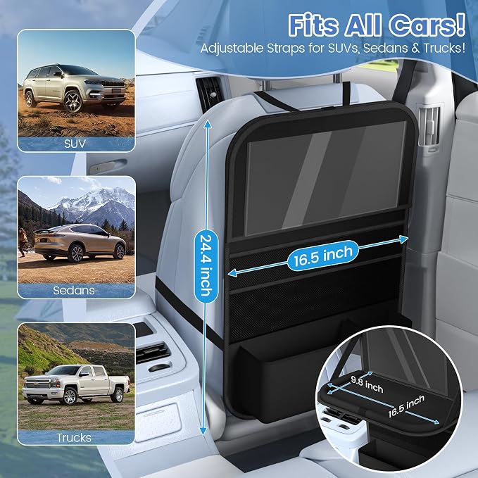 Car Backseat Organizer with table Tray(1Pack) 9 Storage Pockets Backseat Car Organizer with Tablet Holder, Back seat Organizer for Kids Road Trip Essentials Travel