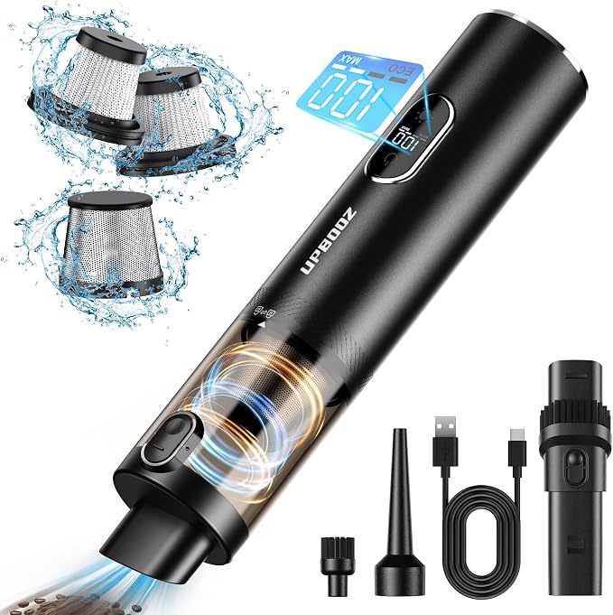 Upbooz Handheld Vacuum Cordless, Car Vacuum with 14000PA Powerful Suction with LED Light, Air Duster 2-in-1,Low Noise Rechargeable Portable Mini Vacuum Cleaner for Car Home Pet Office,Two Gears