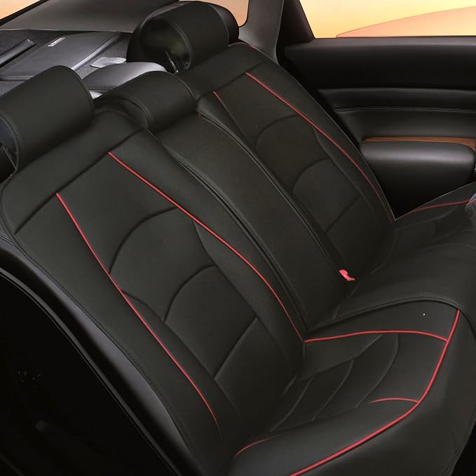 FH Group Ultra Comfort Highest Grade Faux Leather Full Set Car Seat Cushions– Universal Fit for Cars Trucks & SUVs (Black Red Trim)