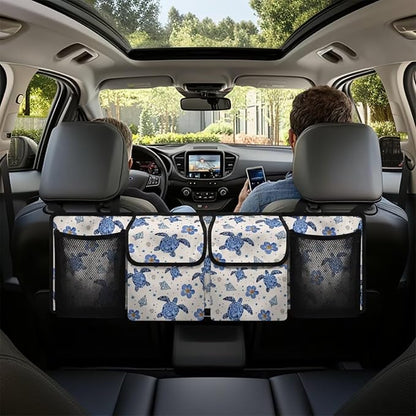 Turtle Car Backseat Organizer Florals Collapsible Cars Storage Bag with 4 Pockets Foldable Vehicle Interior Cargo Organizer Accessories Universal Fit for Cars SUV Sedans