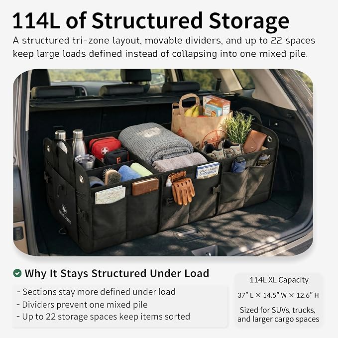 1680D Trunk Organizer with Lid, Extra-Large 114L Collapsible Cargo Organizer for SUVs, Trucks & Large Cargo Areas, Rigid PP Panels, 800D x 800D Weave, Water-Repellent, Anti-Sag Design