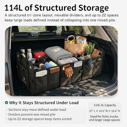1680D Trunk Organizer with Lid, Extra-Large 114L Collapsible Cargo Organizer for SUVs, Trucks & Large Cargo Areas, Rigid PP Panels, 800D x 800D Weave, Water-Repellent, Anti-Sag Design