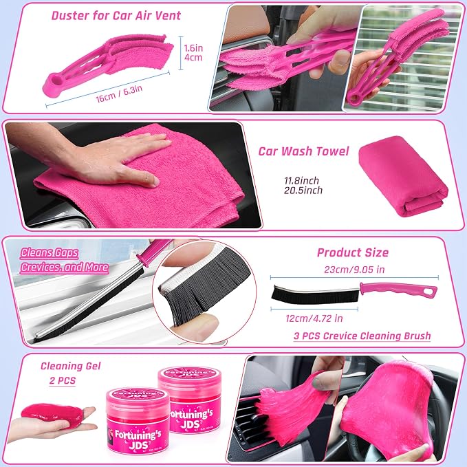 34PCS Car Detailing Brush Set, Car Detailing Kit, Car Detailing Brushes, Car Cleaning Kit, Professional Car Care kit - Car Wash Brush kit for Interior Exterior Wheels, Pink Car Accessories for Women