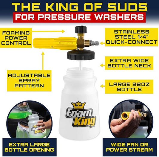 Clean Car USA Foam King Foam Cannon for Pressure Washer, Car Wash Soap Sprayer with 1/4" Quick Connector, Wide-Neck Bottle, Adjustable Snow Foam Blaster for Auto Detailing, Trucks, Motorcycles & More