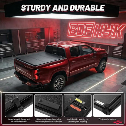 BDFHYK Hard Tri Fold Tonneau Cover Fits Toyota Tundra 2022-2026 5.5 ft/5.6 ft Bed, Waterproof Hard Folding Truck Bed Cover with Anti-Theft Lock, Easy Install Bed Cover for Camping and Work Trucks