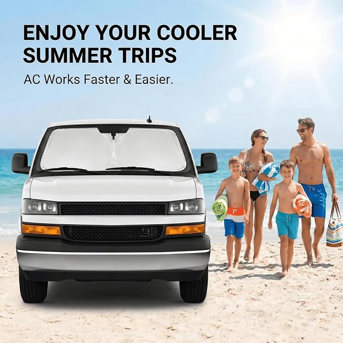 Windshield Sun Shade for Chevy/Chevrolet Express 1996-2024 2025 2026 Sunshade Front Window Shade Custom Fit Express Accessories Sun Visor Foldable Shade Blocks UV Rays Accessories