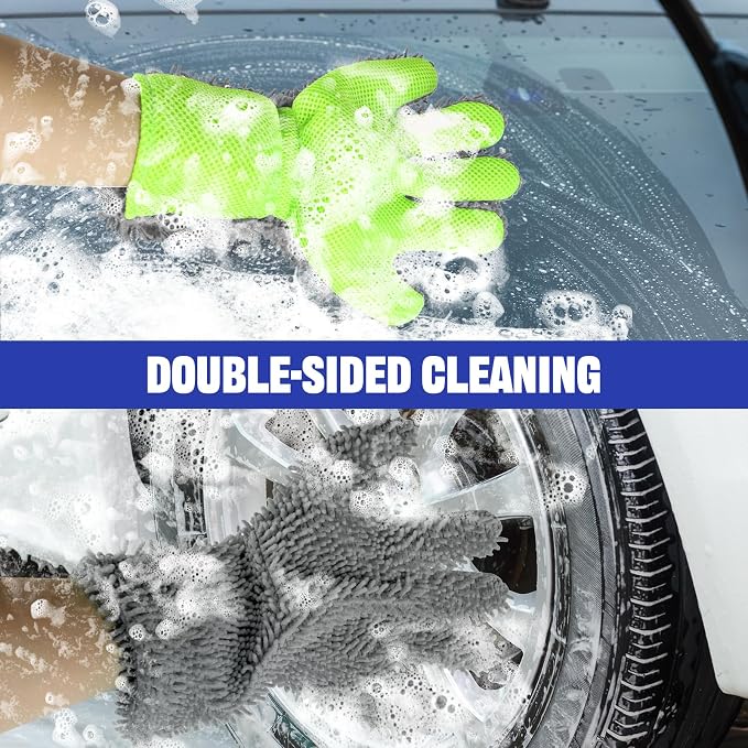 2PCS Car Wash Mitt, 5 Finger Chenille Microfiber Cleaning Mitt for Cars, Scratch-Free Auto Washing Gloves, Car Interior Exterior Cleaning Gloves, Great for Hard-to-Reach Areas (Gray)