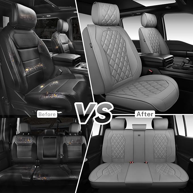 CAR PASS Luxury Nappa Leather Seat Covers Full Set, 3D Rhombus Waterproof Faux Leather Seat Covers, Universal Automotive Seat Cushion Fit for Most Sedan SUV Truck Van, Armrest Airbag Compatible Gray