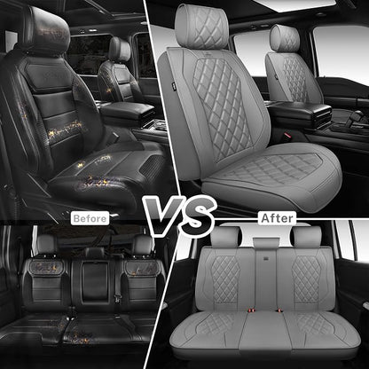CAR PASS Luxury Nappa Leather Seat Covers Full Set, 3D Rhombus Waterproof Faux Leather Seat Covers, Universal Automotive Seat Cushion Fit for Most Sedan SUV Truck Van, Armrest Airbag Compatible Gray