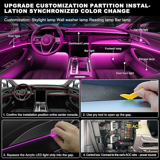 RGB Acrylic Interior Car LED Strip Light with Wireless APP, 14 in 1 with 175 inches 593 LEDs Neon LED Strip Light, 16 Million Colors Dynamic Music Sync Car Ambient Lighting Kits