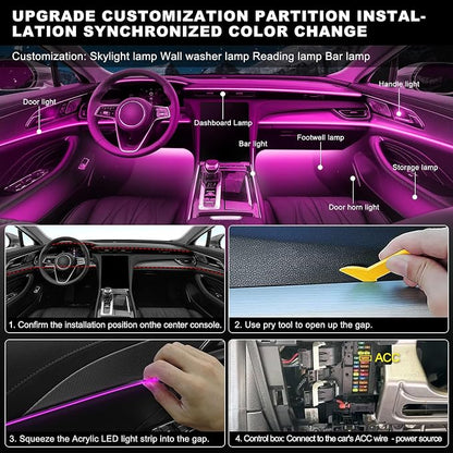 RGB Acrylic Interior Car LED Strip Light with Wireless APP, 14 in 1 with 175 inches 593 LEDs Neon LED Strip Light, 16 Million Colors Dynamic Music Sync Car Ambient Lighting Kits