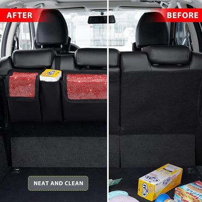 eing Car Trunk Organizer and Storage, Backseat Hanging Organizer for SUV, Truck, MPV, Waterproof, Collapsible Cargo Storage Bag with 5 Pockets, Bling Car Interior Accessories for Women,Red