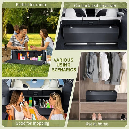 Car Trunk Organizer for 2022-2023 Tesla Model Y (5-Seater), Leather Trunk Organizer with Lid and Push-pull Handle Large Suv Storage Organizer (Black, 37.01 x 11.42 x 12.2in)