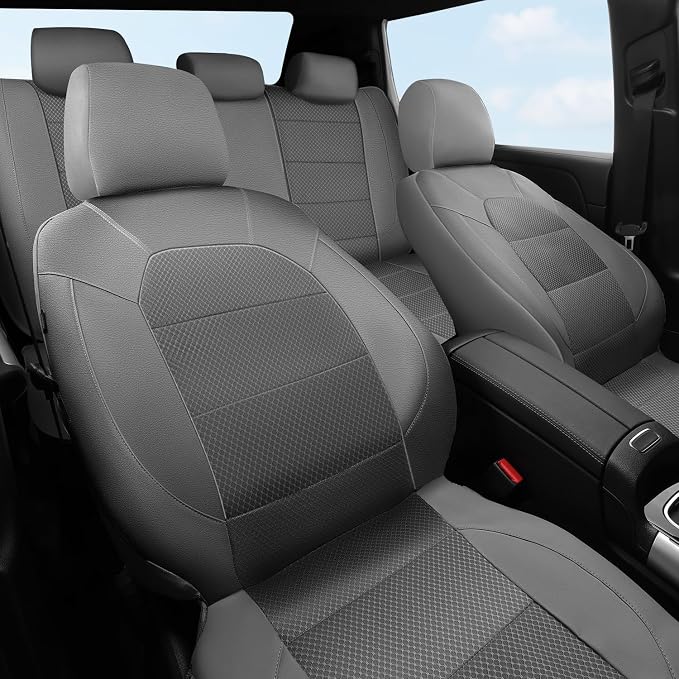 CAR PASS Leather Car Seat Covers Breathable Seat Cover Full Sets Airbag Compatible for Most Cars, SUVs, Trucks, and Vans (Full Set, Gray)