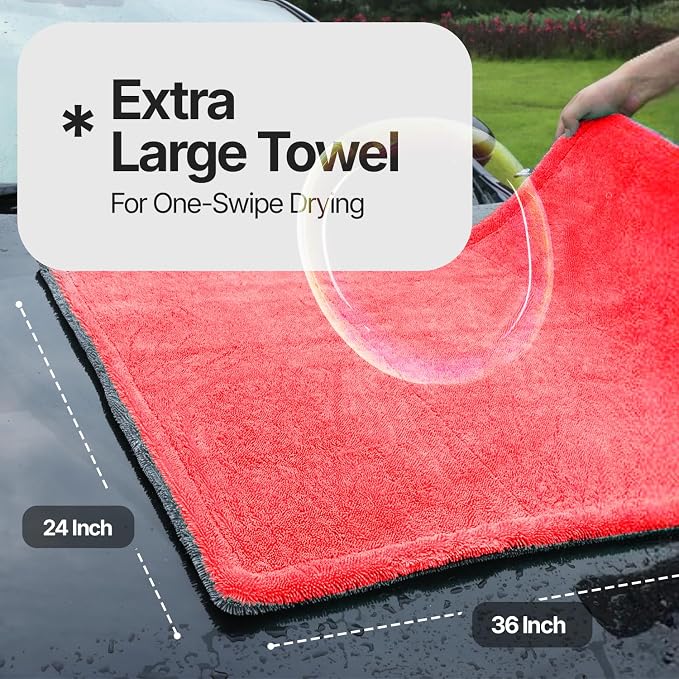 Crystal Clean 1300GSM Microfiber Towels for Cars – XL Drying Towel with Double Twisted Loop, Professional Detailing Towel Car Detailers - Quick Dry, Paint Safe & Swirl-Free (Grey+Red)