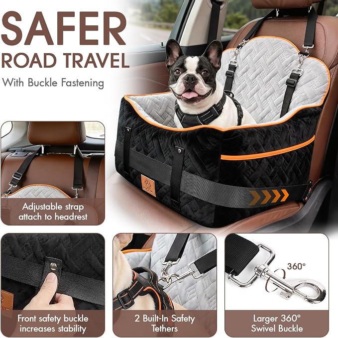 GINMIC Dog Car Seats for Small Medium Dogs up to 35 lbs – Dog Booster Car Seat with 5.3-Inch Memory Foam, Dual Safety Leashes, Detachable Washable Cover & Storage Pockets, Soft Travel Dogs Bed (Black)