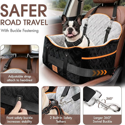 GINMIC Dog Car Seats for Small Medium Dogs up to 35 lbs – Dog Booster Car Seat with 5.3-Inch Memory Foam, Dual Safety Leashes, Detachable Washable Cover & Storage Pockets, Soft Travel Dogs Bed (Black)