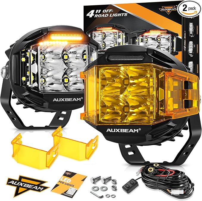 Auxbeam 4 Inch V-MAX Series LED Pods with Side Shooter, 92W Round Offroad Driving Lights with Amber DRL, Super Bright 270° Wide Range Spot Flood Combo Light Bar Auxiliary Light with Wiring Harness Kit