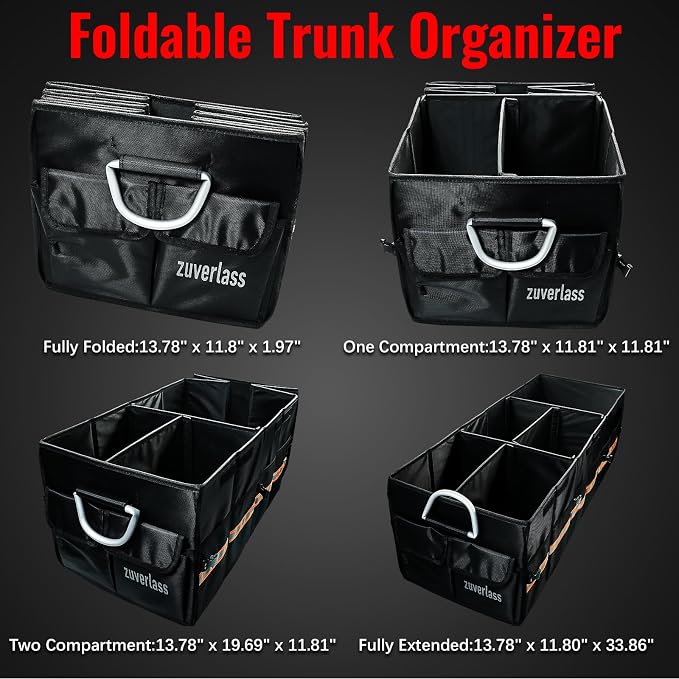 Car Trunk Organizer with Cooler Bag, 90L Portable Trunk Cargo Organizer for SUV Truck Sedan, 3 Compartments Collapsible Car Storage Box with Lid, 4 Removable Dividers
