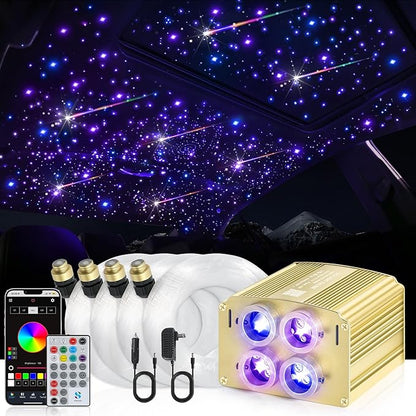 Car Starlight Headliner Kit, 4 Colors 32W Twinkle & Meteor Fiber Optic Shooting Stars Lights, 2 in 1 Light Engine 700pcs*0.03in*13.1ft+240 RGBW 4 Port Ceiling Starlights for Car Home Roof Décor