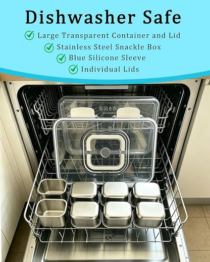 Snackle Box Container, Stainless Steel Divided Serving Tray with Lid and Handle, Large Snack Tray for Fruit Veggie Candy, 8-Compartment Snack Platter for Travel Beach Picnic,with Blue Silicone Sleeve