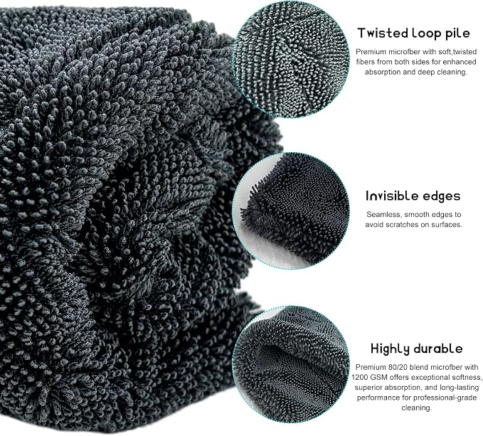 Microfiber Towels for Cars, 1200 GSM Ultra Thick 12.2"x12.2" Soft Car Detailing Drying Towel, Super Absorbent Double Twisted Loop Cloth Cleaning Towel for Car Truck SUV