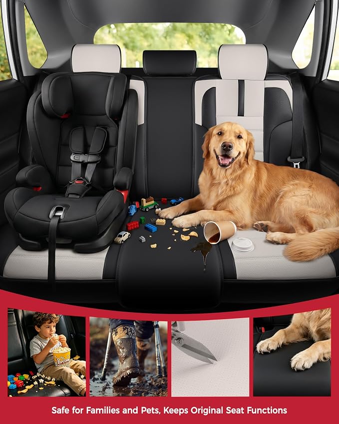 FREESOO Universal Full Seat Covers, Waterproof Faux Leather Automotive Seat Covers with Carbon Fiber Texture Seat Belt Pads, Anti-Slip Airbag Compatible Car Seat Covers for Cars SUVs Trucks
