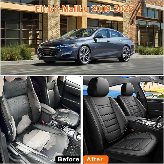 Malibu Car Seat Covers Fit for Chevrolet/Chevy Malibu 2007-2026, Full Coverage Leather Waterproof Breathable Seat Covers, Automotive Seat Protectors, Airbag Compatible, (Full Set, Black