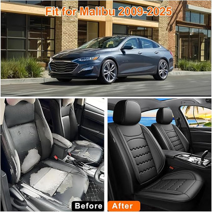 Malibu Car Seat Covers Fit for Chevrolet/Chevy Malibu 2007-2026, Full Coverage Leather Waterproof Breathable Seat Covers, Automotive Seat Protectors, Airbag Compatible, (Full Set, Black