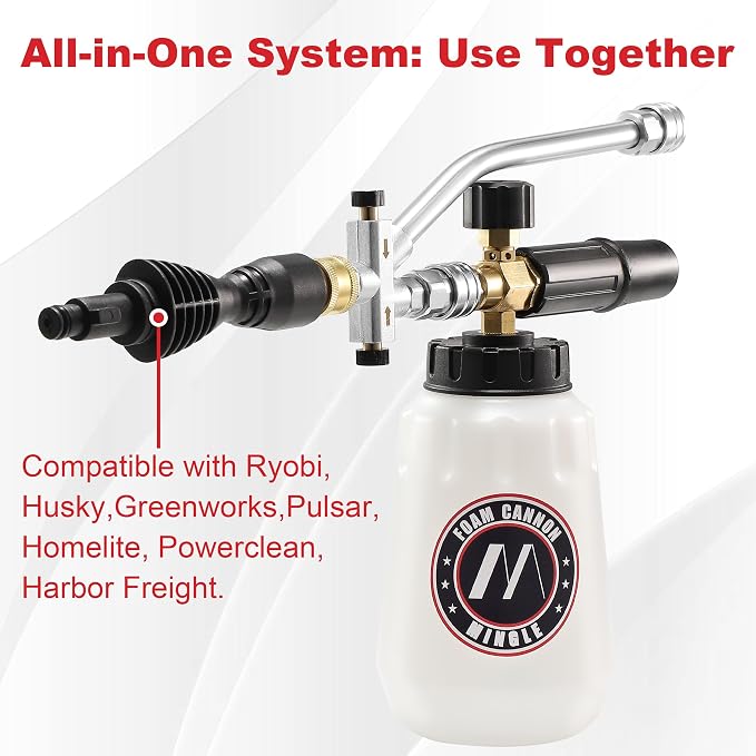 M MINGLE Foam Cannon Dual Connector Accessory for Pressure Washer Kit, Compatible with Portland Husky and Ryobi Pressure Washer, with 5 Nozzle Tips, 1/4 Inch Quick Connector