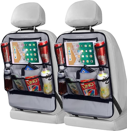 LUCMO Car Backseat Organizer with Touch Screen Tablet Holder-2 Pcs,9 Storage Pockets Car Storage Organizer Protectors Kick Mats Travel Accessories for Kids-Grey