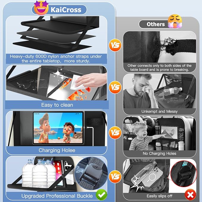 KaiCross Backseat Car Organizer with Upgraded Foldable Tray, Car Seat Organizer for Kids, Travel Accessories with 9 Storage Pockets,Car Seat Organizer Backseat with Touch Screen-1 Pack