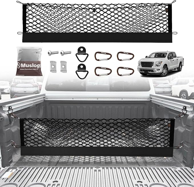 Muslogy Truck Bed Cargo Net Trunk Netting Compatible with Nissan Titan 2017-2025 Accessories, Pickup Cargo Organizer SUV Sedan Storage Net w/Heavy Duty Carabiners